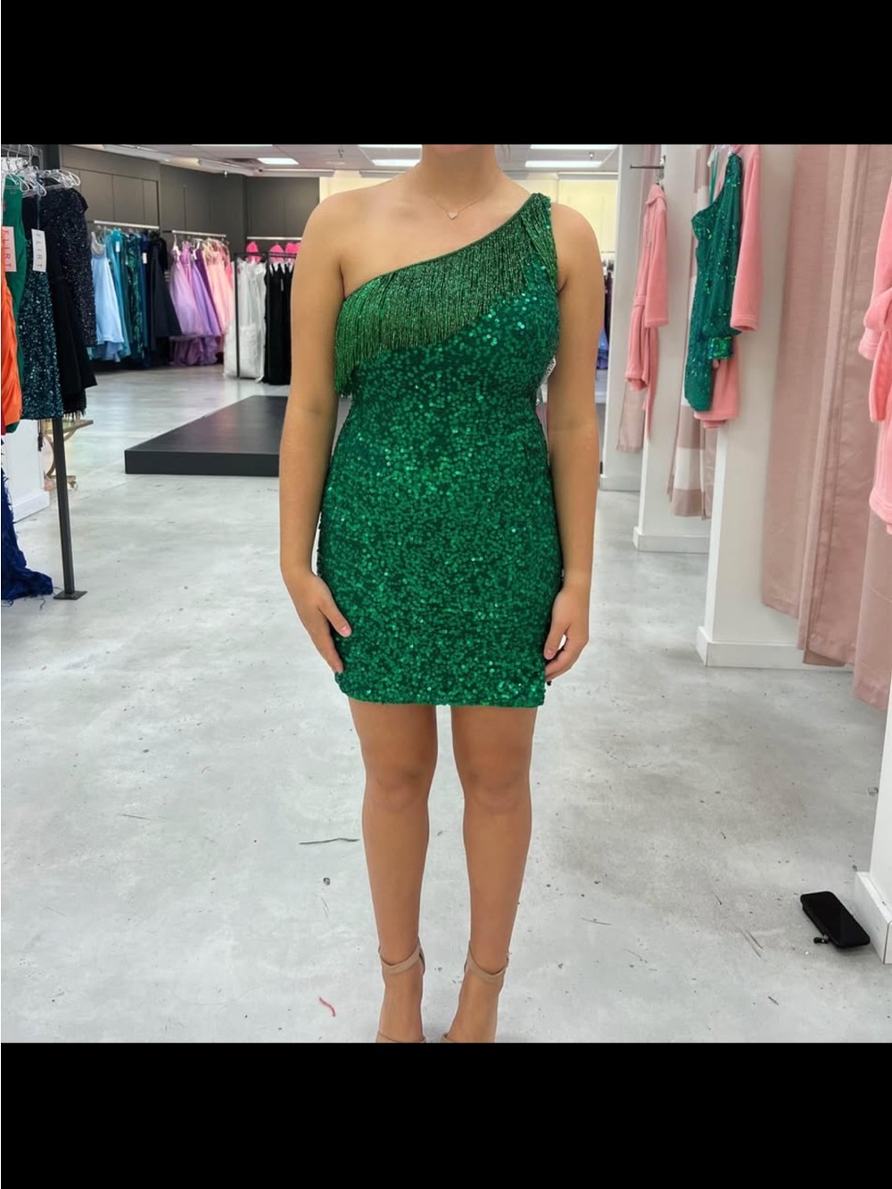 Rachel Allan Emerald Green One-Shoulder Sequin Fringe Mini Dress